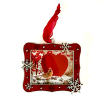 FEMALE CARDINAL WITH RED HEARTAND SNOWFLAKES