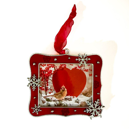 FEMALE CARDINAL WITH RED HEARTAND SNOWFLAKES