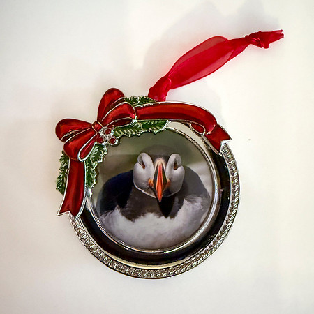 PUFFIN BALL IN ROUND SILVER WITH RED BOW