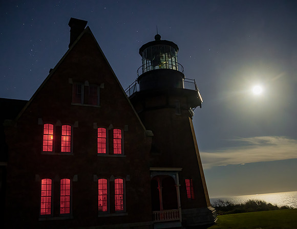 Block Island South East Lighthouse with full moon rising